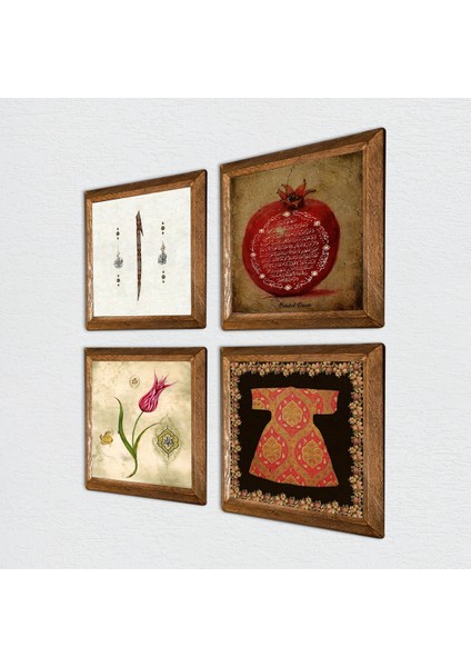 Hırka-i Şerif, Lale, Elif, Bereket Duası Taş Duvar Tablosu Ahşap Çerçeveli Duvar Dekoru 4 Parça Tablo Seti Wall Art W4-665