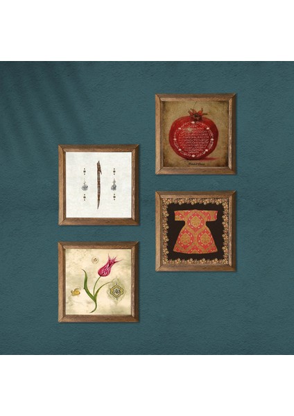 Hırka-i Şerif, Lale, Elif, Bereket Duası Taş Duvar Tablosu Ahşap Çerçeveli Duvar Dekoru 4 Parça Tablo Seti Wall Art W4-665