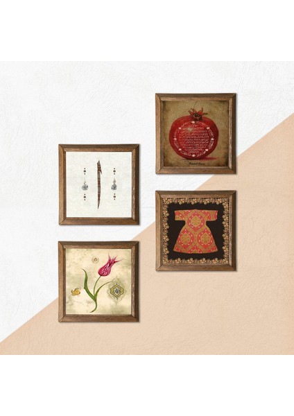 Hırka-i Şerif, Lale, Elif, Bereket Duası Taş Duvar Tablosu Ahşap Çerçeveli Duvar Dekoru 4 Parça Tablo Seti Wall Art W4-665