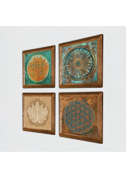 Yaşam Çiçeği, Lotus Çiçeği Taş Duvar Tablosu Ahşap Çerçeveli Duvar Dekoru 4 Parça Tablo Seti Wall Art W4-676