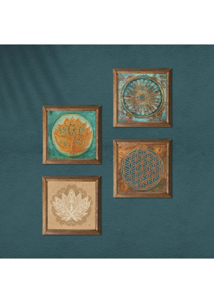 Yaşam Çiçeği, Lotus Çiçeği Taş Duvar Tablosu Ahşap Çerçeveli Duvar Dekoru 4 Parça Tablo Seti Wall Art W4-676