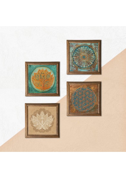 Yaşam Çiçeği, Lotus Çiçeği Taş Duvar Tablosu Ahşap Çerçeveli Duvar Dekoru 4 Parça Tablo Seti Wall Art W4-676