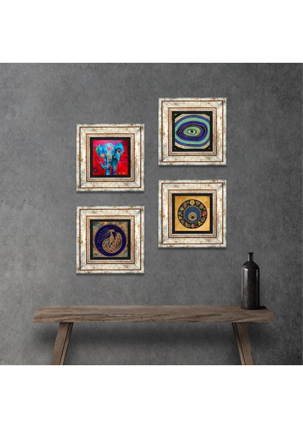 Stone Fil, Tavus Kuşu, Nazar Çerçeveli Taş Duvar Tablosu 4’lü Set - Dekoratif Modern Sanat, Ev ve Ofis Dekoru |TK4-331|