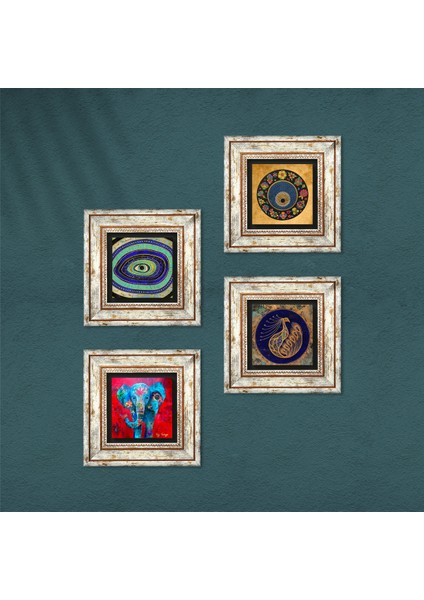 Stone Fil, Tavus Kuşu, Nazar Çerçeveli Taş Duvar Tablosu 4’lü Set - Dekoratif Modern Sanat, Ev ve Ofis Dekoru |TK4-331| fırsatları