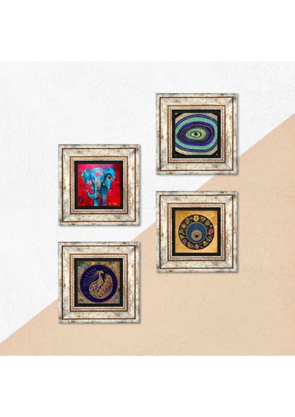 Stone Fil, Tavus Kuşu, Nazar Çerçeveli Taş Duvar Tablosu 4’lü Set - Dekoratif Modern Sanat, Ev ve Ofis Dekoru |TK4-331| indirimleri