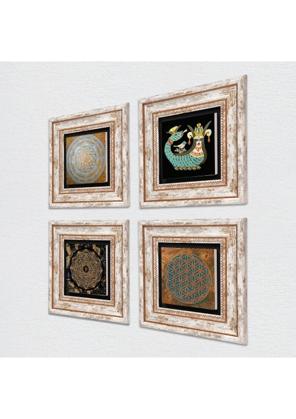 Yaşam Çiçeği, Sri Yantra, Şahmeran Taş Duvar Tablosu Çerçeveli Duvar Dekoru 4 Parça Tablo Seti Wall Art T4-551 fiyatları
