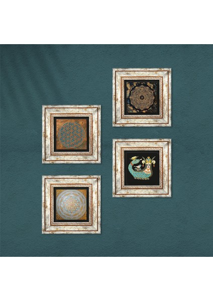Yaşam Çiçeği, Sri Yantra, Şahmeran Taş Duvar Tablosu Çerçeveli Duvar Dekoru 4 Parça Tablo Seti Wall Art T4-551 fırsatları