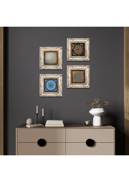 Yaşam Çiçeği, Nazar, Sri Yantra Çerçeveli Taş Duvar Tablosu 4’lü Set - Dekoratif Modern Sanat, Ev ve Ofis Dekoru |TK4-578|