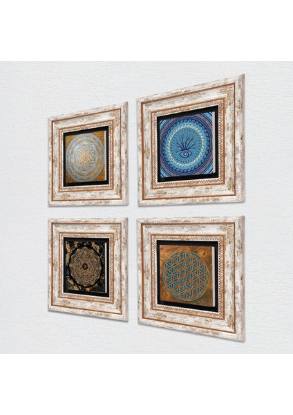 Yaşam Çiçeği, Nazar, Sri Yantra Çerçeveli Taş Duvar Tablosu 4’lü Set - Dekoratif Modern Sanat, Ev ve Ofis Dekoru |TK4-578| fiyatları