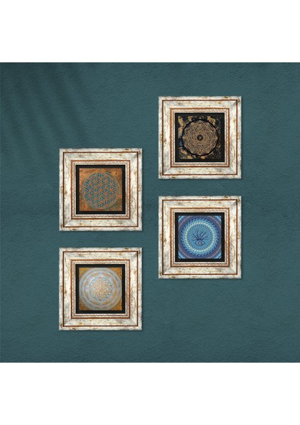 Yaşam Çiçeği, Nazar, Sri Yantra Çerçeveli Taş Duvar Tablosu 4’lü Set - Dekoratif Modern Sanat, Ev ve Ofis Dekoru |TK4-578| fırsatları