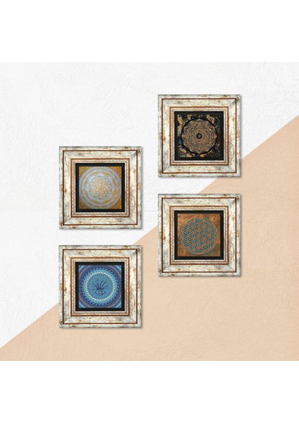 Yaşam Çiçeği, Nazar, Sri Yantra Çerçeveli Taş Duvar Tablosu 4’lü Set - Dekoratif Modern Sanat, Ev ve Ofis Dekoru |TK4-578| indirimleri