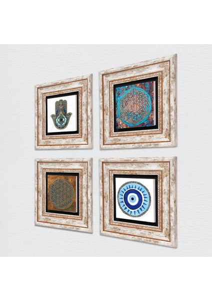 Stone Nazar, Yaşam Çiçeği, Fatma Ana Eli (Hamsa) Çerçeveli Taş Duvar Tablosu 4’lü Set - Dekoratif Modern Sanat, Ev ve Ofis Dekoru |TK4-440| fiyatları