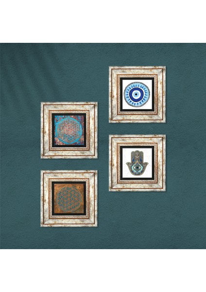 Stone Nazar, Yaşam Çiçeği, Fatma Ana Eli (Hamsa) Çerçeveli Taş Duvar Tablosu 4’lü Set - Dekoratif Modern Sanat, Ev ve Ofis Dekoru |TK4-440| fırsatları