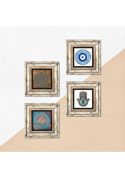 Stone Nazar, Yaşam Çiçeği, Fatma Ana Eli (Hamsa) Çerçeveli Taş Duvar Tablosu 4’lü Set - Dekoratif Modern Sanat, Ev ve Ofis Dekoru |TK4-440| indirimleri