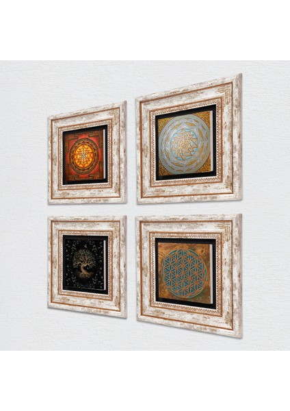 Yaşam Çiçeği, Sri Yantra, Hayat Ağacı Taş Duvar Tablosu Çerçeveli Duvar Dekoru 4 Parça Tablo Seti Wall Art T4-508