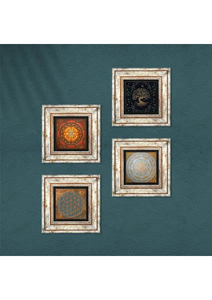 Yaşam Çiçeği, Sri Yantra, Hayat Ağacı Taş Duvar Tablosu Çerçeveli Duvar Dekoru 4 Parça Tablo Seti Wall Art T4-508