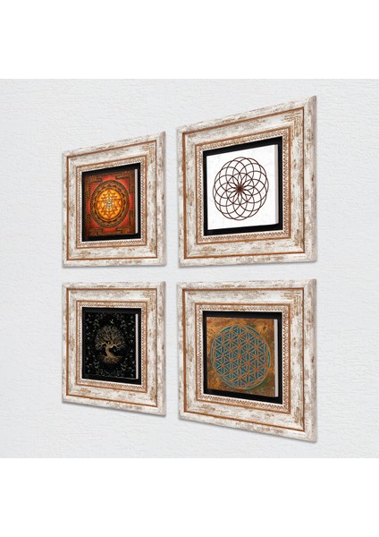 Yaşam Çiçeği, Sri Yantra, Hayat Ağacı Taş Duvar Tablosu Çerçeveli Duvar Dekoru 4 Parça Tablo Seti Wall Art T4-513 fiyatları