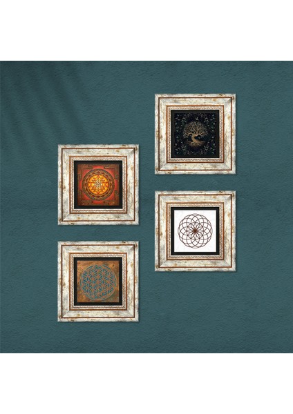 Yaşam Çiçeği, Sri Yantra, Hayat Ağacı Taş Duvar Tablosu Çerçeveli Duvar Dekoru 4 Parça Tablo Seti Wall Art T4-513 fırsatları