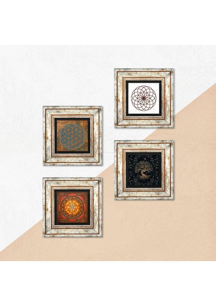 Yaşam Çiçeği, Sri Yantra, Hayat Ağacı Taş Duvar Tablosu Çerçeveli Duvar Dekoru 4 Parça Tablo Seti Wall Art T4-513 indirimleri