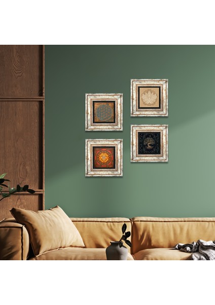Yaşam Çiçeği, Lotus Çiçeği, Sri Yantra, Hayat Ağacı Çerçeveli Taş Duvar Tablosu 4’lü Set - Dekoratif Modern Sanat, Ev ve Ofis Dekoru |TK4-514|