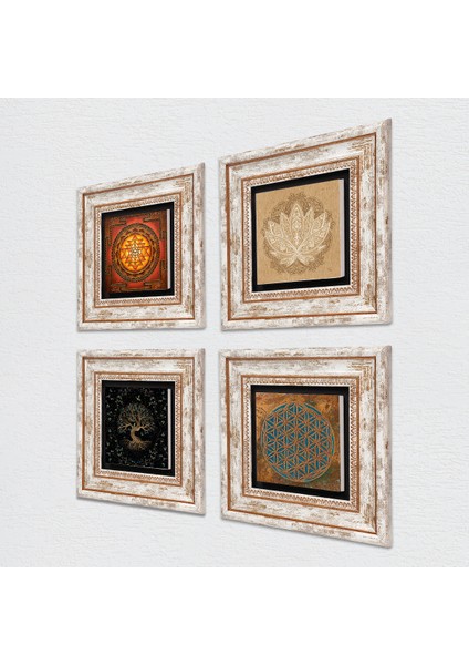 Yaşam Çiçeği, Lotus Çiçeği, Sri Yantra, Hayat Ağacı Çerçeveli Taş Duvar Tablosu 4’lü Set - Dekoratif Modern Sanat, Ev ve Ofis Dekoru |TK4-514| fiyatları