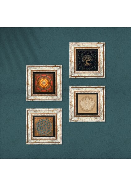 Yaşam Çiçeği, Lotus Çiçeği, Sri Yantra, Hayat Ağacı Çerçeveli Taş Duvar Tablosu 4’lü Set - Dekoratif Modern Sanat, Ev ve Ofis Dekoru |TK4-514| fırsatları