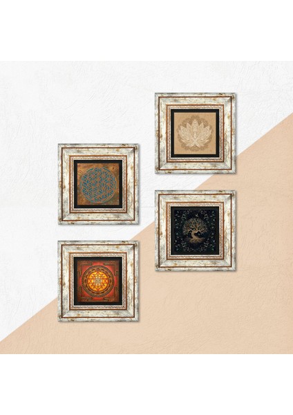 Yaşam Çiçeği, Lotus Çiçeği, Sri Yantra, Hayat Ağacı Çerçeveli Taş Duvar Tablosu 4’lü Set - Dekoratif Modern Sanat, Ev ve Ofis Dekoru |TK4-514| indirimleri