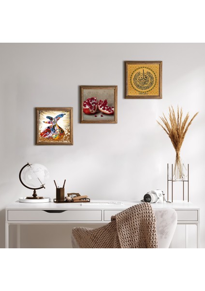 Ayet-el Kürsi, Semazen, Nar Taş Duvar Tablosu Ahşap Çerçeveli Duvar Dekoru 3 Parça Tablo Seti Wall Art W3-846