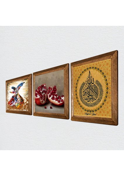 Ayet-el Kürsi, Semazen, Nar Taş Duvar Tablosu Ahşap Çerçeveli Duvar Dekoru 3 Parça Tablo Seti Wall Art W3-846 fiyatları