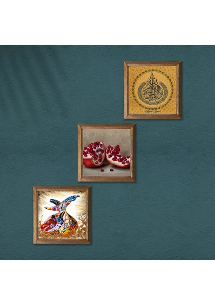 Ayet-el Kürsi, Semazen, Nar Taş Duvar Tablosu Ahşap Çerçeveli Duvar Dekoru 3 Parça Tablo Seti Wall Art W3-846 modelleri