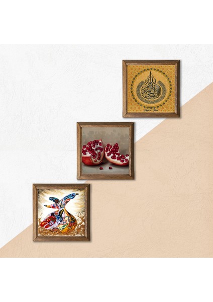 Ayet-el Kürsi, Semazen, Nar Taş Duvar Tablosu Ahşap Çerçeveli Duvar Dekoru 3 Parça Tablo Seti Wall Art W3-846 indirimleri