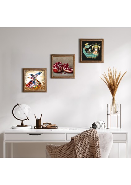 Şahmeran, Semazen, Nar Taş Duvar Tablosu Ahşap Çerçeveli Duvar Dekoru 3 Parça Tablo Seti Wall Art W3-847