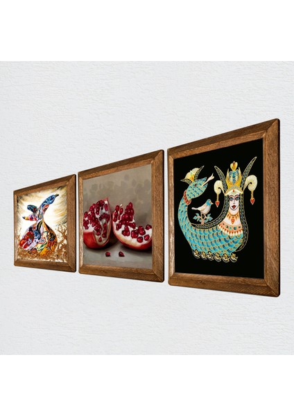 Şahmeran, Semazen, Nar Taş Duvar Tablosu Ahşap Çerçeveli Duvar Dekoru 3 Parça Tablo Seti Wall Art W3-847