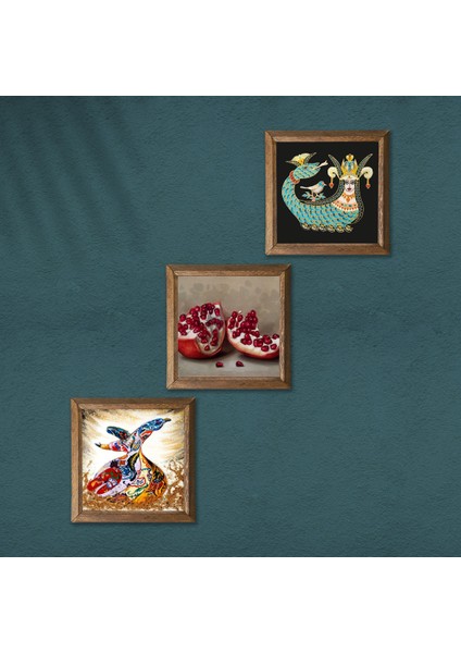 Şahmeran, Semazen, Nar Taş Duvar Tablosu Ahşap Çerçeveli Duvar Dekoru 3 Parça Tablo Seti Wall Art W3-847