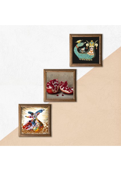 Şahmeran, Semazen, Nar Taş Duvar Tablosu Ahşap Çerçeveli Duvar Dekoru 3 Parça Tablo Seti Wall Art W3-847