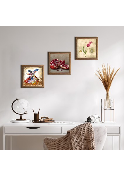 Lale Ebru Sanatı, Semazen, Nar Taş Duvar Tablosu Ahşap Çerçeveli Duvar Dekoru 3 Parça Tablo Seti Wall Art W3-867