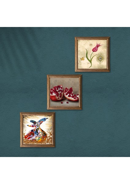 Lale Ebru Sanatı, Semazen, Nar Taş Duvar Tablosu Ahşap Çerçeveli Duvar Dekoru 3 Parça Tablo Seti Wall Art W3-867