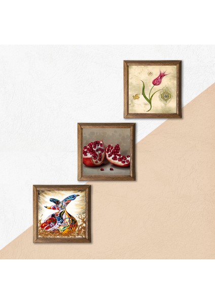 Lale Ebru Sanatı, Semazen, Nar Taş Duvar Tablosu Ahşap Çerçeveli Duvar Dekoru 3 Parça Tablo Seti Wall Art W3-867