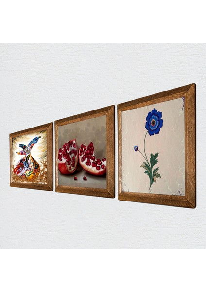 Ebru Sanatı, Semazen, Nar Taş Duvar Tablosu Ahşap Çerçeveli Duvar Dekoru 3 Parça Tablo Seti Wall Art W3-868