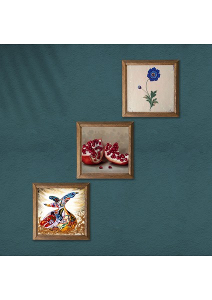 Ebru Sanatı, Semazen, Nar Taş Duvar Tablosu Ahşap Çerçeveli Duvar Dekoru 3 Parça Tablo Seti Wall Art W3-868