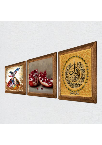 Felak Suresi, Semazen, Nar Taş Duvar Tablosu Ahşap Çerçeveli Duvar Dekoru 3 Parça Tablo Seti Wall Art W3-870