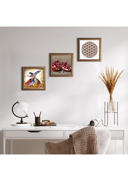 Yaşam Çiçeği, Semazen, Nar Taş Duvar Tablosu Ahşap Çerçeveli Duvar Dekoru 3 Parça Tablo Seti Wall Art W3-872