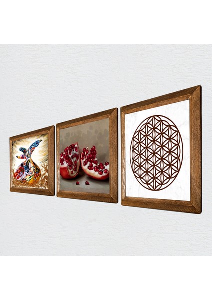 Yaşam Çiçeği, Semazen, Nar Taş Duvar Tablosu Ahşap Çerçeveli Duvar Dekoru 3 Parça Tablo Seti Wall Art W3-872