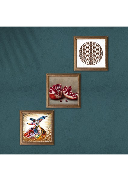 Yaşam Çiçeği, Semazen, Nar Taş Duvar Tablosu Ahşap Çerçeveli Duvar Dekoru 3 Parça Tablo Seti Wall Art W3-872