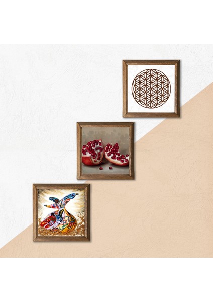 Yaşam Çiçeği, Semazen, Nar Taş Duvar Tablosu Ahşap Çerçeveli Duvar Dekoru 3 Parça Tablo Seti Wall Art W3-872