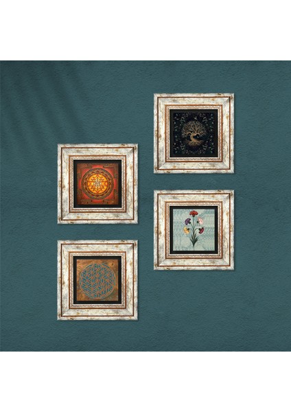 Yaşam Çiçeği, Ebru Sanatı, Sri Yantra, Hayat Ağacı Taş Duvar Tablosu Çerçeveli Duvar Dekoru 4 Parça Tablo Seti Wall Art T4-532