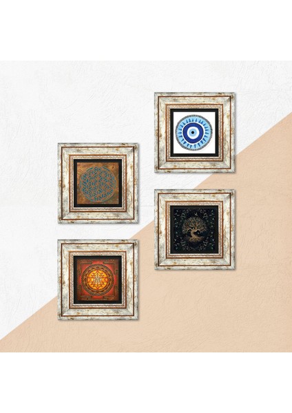 Yaşam Çiçeği, Nazar, Sri Yantra, Hayat Ağacı Taş Duvar Tablosu Çerçeveli Duvar Dekoru 4 Parça Tablo Seti Wall Art T4-534 indirimleri