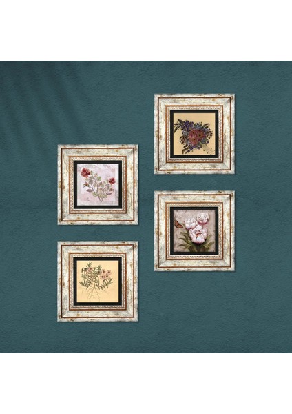Stone Gül, Vintage Çiçek, Kelebekli Çiçek Çerçeveli Taş Duvar Tablosu 4’lü Set - Dekoratif Modern Sanat, Ev ve Ofis Dekoru |TK4-1880| fırsatları
