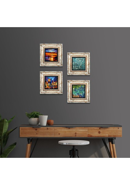 Deniz Manzarası, Sokak Manzarası, Van Gogh İrisler, Badem Ağacı Taş Duvar Tablosu Çerçeveli Duvar Dekoru 4 Parça Tablo Seti Wall Art T4-1887