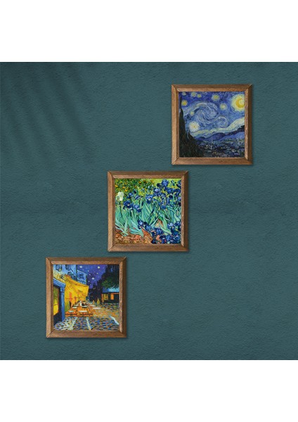 Van Gogh Kafe Terasta Gece, İrisler, Yıldızlı Gece Taş Duvar Tablosu Ahşap Çerçeveli Duvar Dekoru 3 Parça Tablo Seti Wall Art W3-463